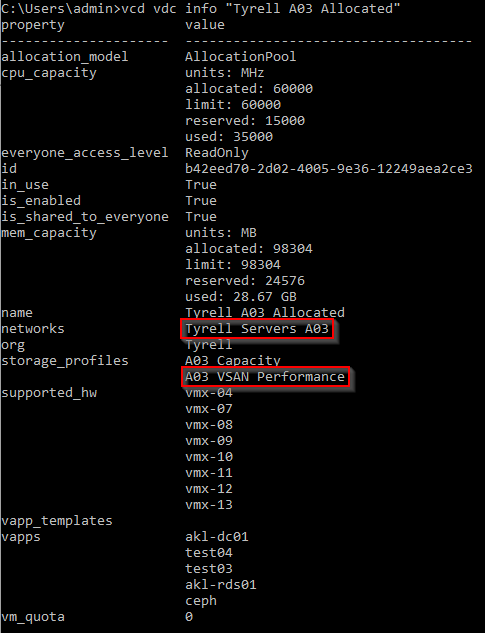 VDC Properties returned by vdc info