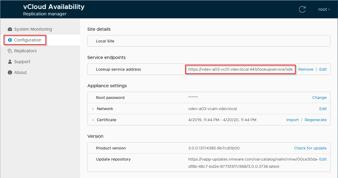 Step 1 - Configured Lookup service address in vCAv Replication Manager