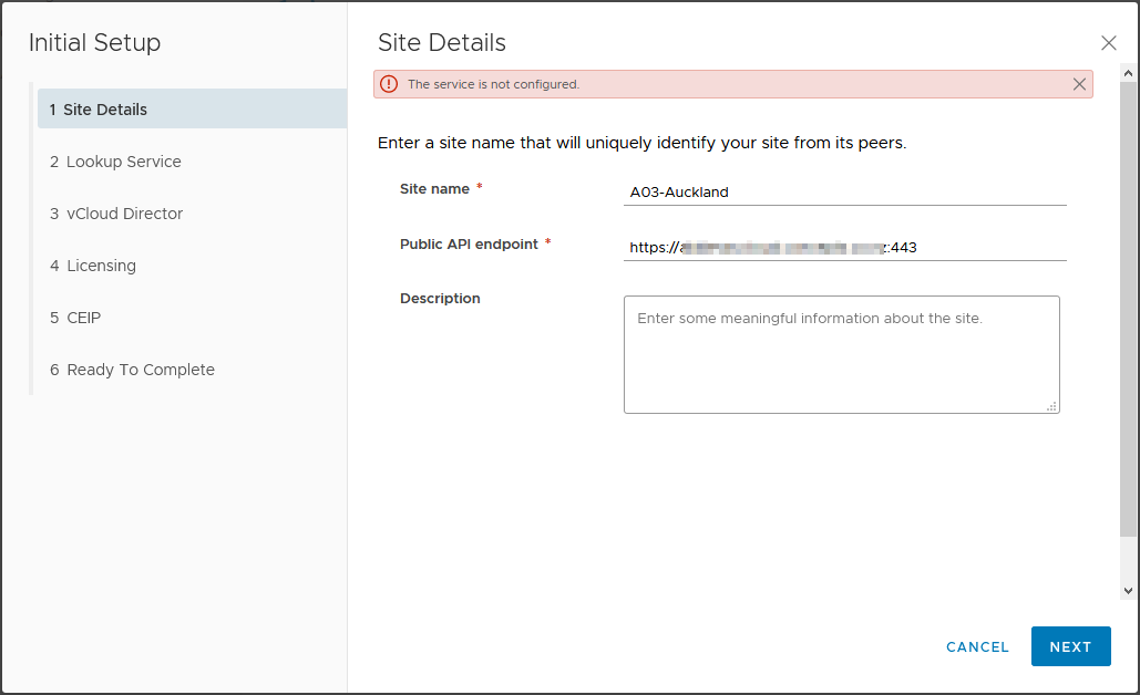 Step 2 - Enter site name and public API endpoint