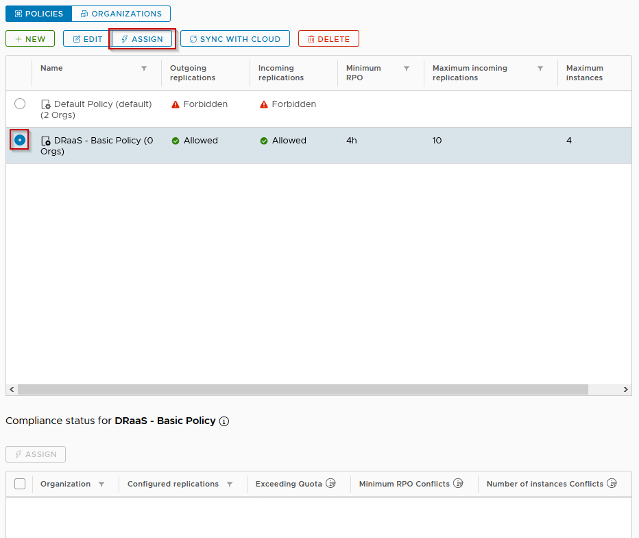 Assigning vCAv policy to Organization