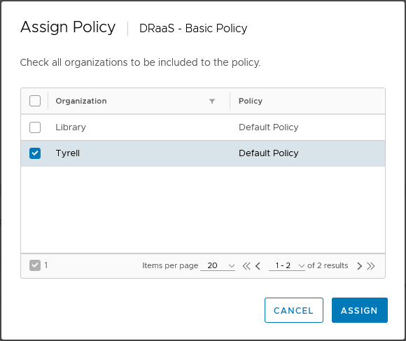 Asigning vCAv Policy to a vCloud Tenant Organization