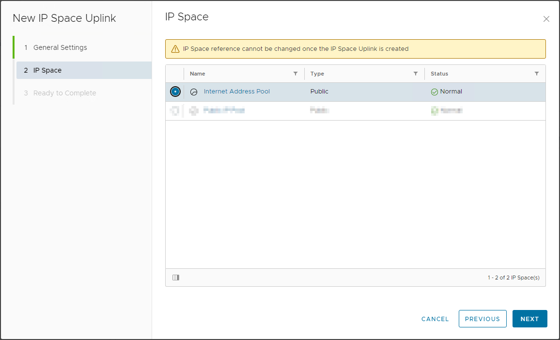 New IP Space Uplink - Select IP Space