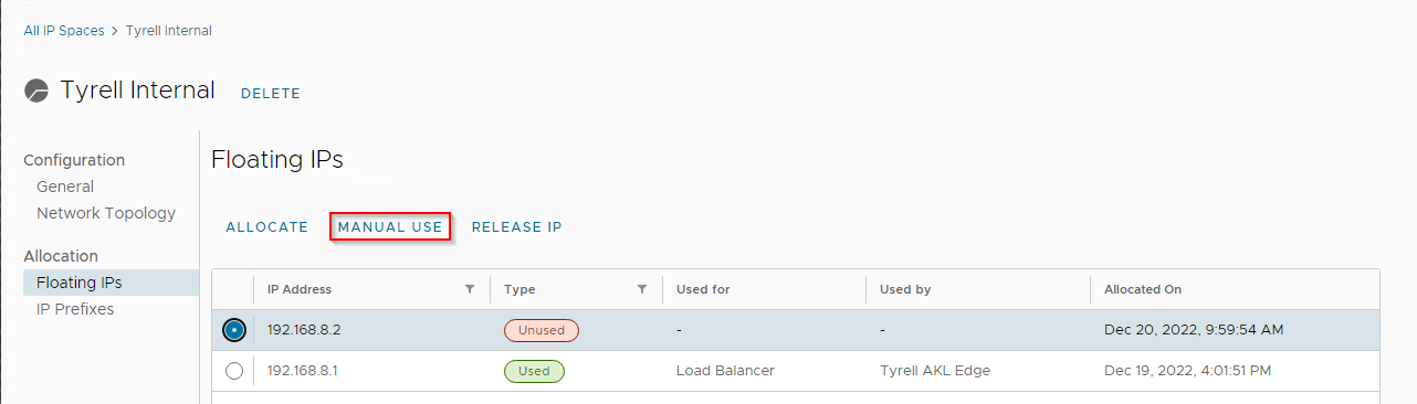 Newly assigned floating IP address